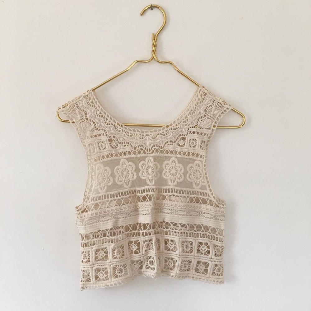 Crochet Cream Open Knit Tank Crop Top - Picture 3 of 5